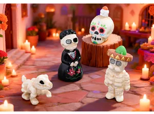 Detailed view of miniature Halloween skull figurines in a Day of the Dead themed setting