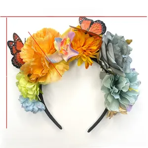 Detail of carnival party headband featuring colorful faux roses and butterflies with size labels