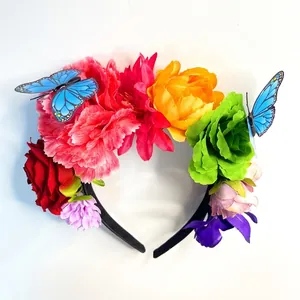 Close-up of vibrant artificial flower headband featuring two blue butterfly accents