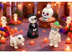 Detailed close-up of Halloween skeleton figurines in a festive Día de los Muertos scene.