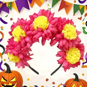 Close-up of pink and yellow Mexican Marigold flower headband for Day of the Dead