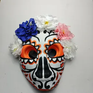 Masque de Crâne Mexicain Jour des Morts avec Fleurs Artificielles Voile en Dentelle Masque Complet Peint Halloween Cosplay Performance