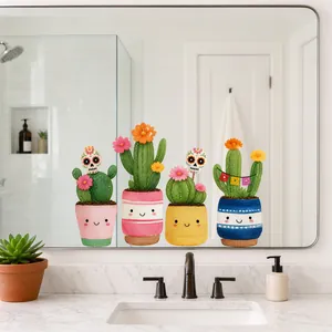 Cute Day of the Dead cactus mirror stickers applied in a bright modern bathroom decor
