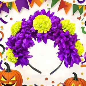 Vibrant purple and yellow marigold floral headband for Day of the Dead festival