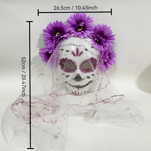 Dimensions of Day of the Dead sugar skull mask with purple flowers and mesh veil detail