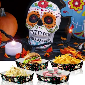 Disposable paper snack trays with vibrant Mexican sugar skull patterns for festive parties