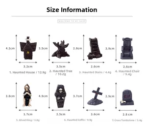 Vue détaillée de 8 figurines d'Halloween en résine avec dimensions et poids précis.
