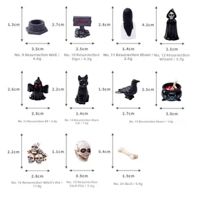 Spécifications détaillées des figurines miniatures d'Halloween en résine avec dimensions