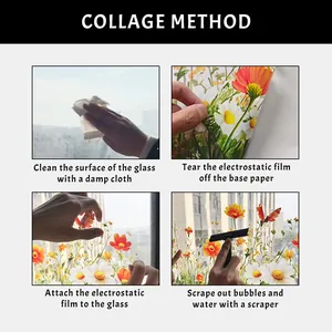 Detailed four-step installation guide showing how to apply floral electrostatic glass stickers