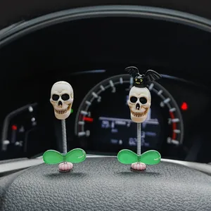 Vintage Halloween Bobblehead Skull Car Ornament With Spring Bat Dashboard Decoration Shaking Ghost Head Toy For Car Interior Office Decor