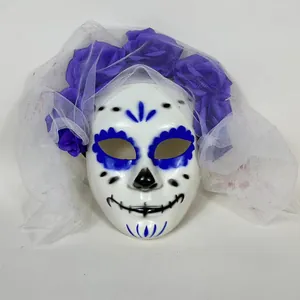 Detailed view of Day of the Dead full face mask with purple flowers and white veil