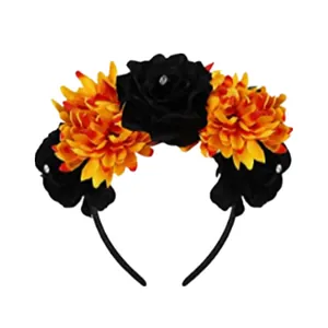 Gotische Halloween hoofdband met zwarte rozen en levendige oranje goudsbloemen decoratie