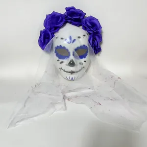 Day of the Dead full face mask with purple roses and bloody white mesh veil for Halloween party.