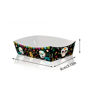Detailed dimensions of Mexican Day of the Dead sugar skull pattern paper food snack tray