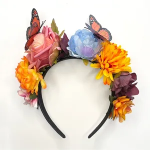 Colorful floral headband with butterflies, perfect for festival and party decorations.