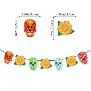 Detailed dimensions of Day of the Dead party banner featuring skulls and marigolds