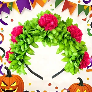 Detailed view of vibrant artificial marigold flowers on a festive floral headband.