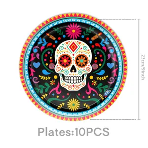 Vibrant Day of the Dead themed sugar skull paper plates, 9 inch size, set of 10 pieces