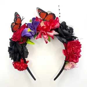 Detailed view of artificial rose and butterfly carnival headband decoration