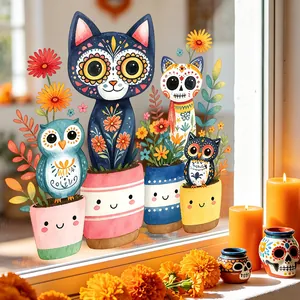 Day of the Dead window stickers featuring cute cat and owl motifs in flower pots