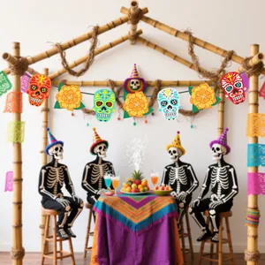 Detailed view of Day of the Dead banner with colorful sugar skulls and flowers