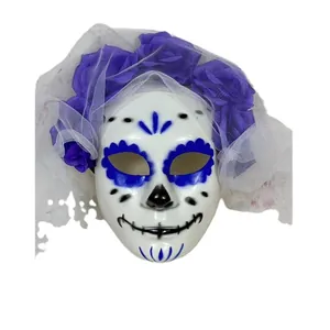 Day of the Dead sugar skull mask featuring purple roses and a white lace bridal veil
