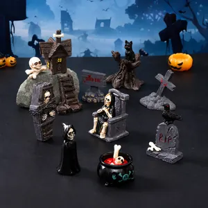 Mini Figurines d'Halloween en Résine Crâne Fantôme Pierre Tombale Horreur Effrayant Ornements de Bureau Maison Hantée Décorations de Micro Paysage