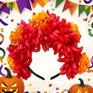Detailed view of red and orange marigold flower headband for Day of the Dead festivals