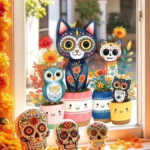 Cute Day of the Dead cat and owl static window stickers for festive glass decoration