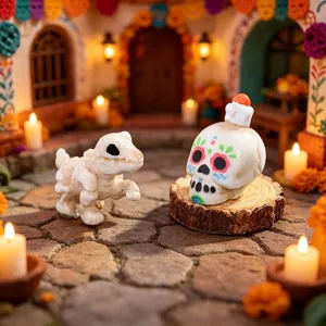 Handcrafted Dia de los Muertos resin skeleton dog and sugar skull figurines set