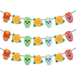 Mexican Dia De Los Muertos Skull Banner Party Decor Marigold Sugar Skull Garland For Day Of The Dead Home Hanging Decor