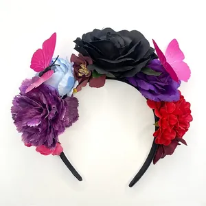 Detailed view of a colorful butterfly rose floral headband for carnival festival party hair decor
