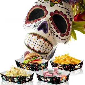Day of the Dead themed paper food trays for Halloween party snacks, candy, and burgers