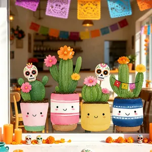 Festive Day of the Dead window stickers featuring colorful cactus and sugar skull art