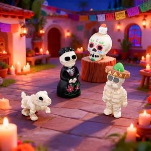 Handcrafted Day of the Dead resin skeleton figurine set for festive micro landscape decor