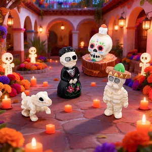 Hand-painted Halloween Day of the Dead skull couple figurines for DIY micro landscape decor