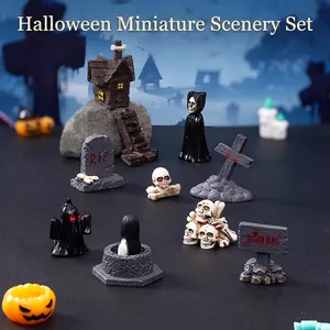 Halloween miniature resin figures set featuring skulls, ghost, and haunted house models