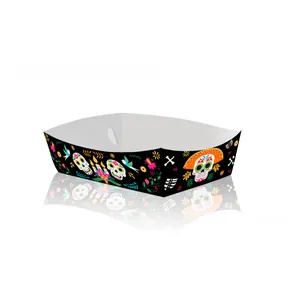 Detailed view of Day of the Dead sugar skull pattern on black paper snack candy tray