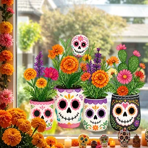 Colorful Day of the Dead window stickers with sugar skull flower pots and marigolds.