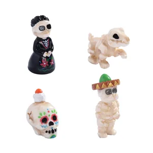 Set of 4 cute Halloween miniature skeleton and mummy figurines for micro landscape decor