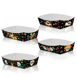 Detail of Day of the Dead themed paper snack trays with vibrant colorful skull patterns