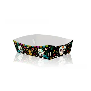 Macro view of Day of the Dead themed paper snack tray with colorful skull patterns.