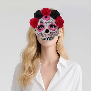 Mexican Day of the Dead sugar skull mask with vibrant red and black flowers for Halloween