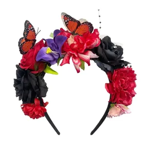 Vibrant floral headband with roses and monarch butterflies for festive parties and carnivals.