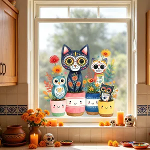 Vibrant Day of the Dead window stickers featuring cute cats and owls in colorful pots