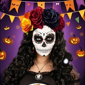 Cerchietto stile Giorno dei Morti con grandi fiori di stoffa colorati per Halloween