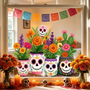 Colorful Day of the Dead window stickers featuring sugar skull flower pots and marigolds