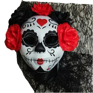 Mexican Day of the Dead skull mask with vibrant red flowers and elegant black lace veil