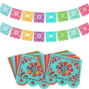 Detailed view of colorful felt Papel Picado banners for festive Mexican party decor.