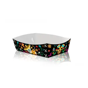 Detailed view of Day of the Dead themed paper snack tray with vibrant skull and guitar patterns